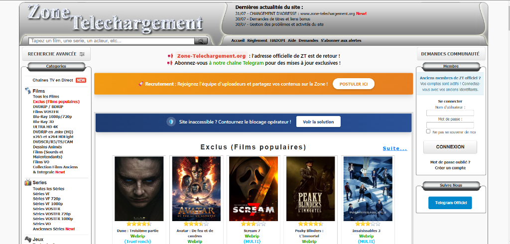 Aperçu du site Zone Téléchargement